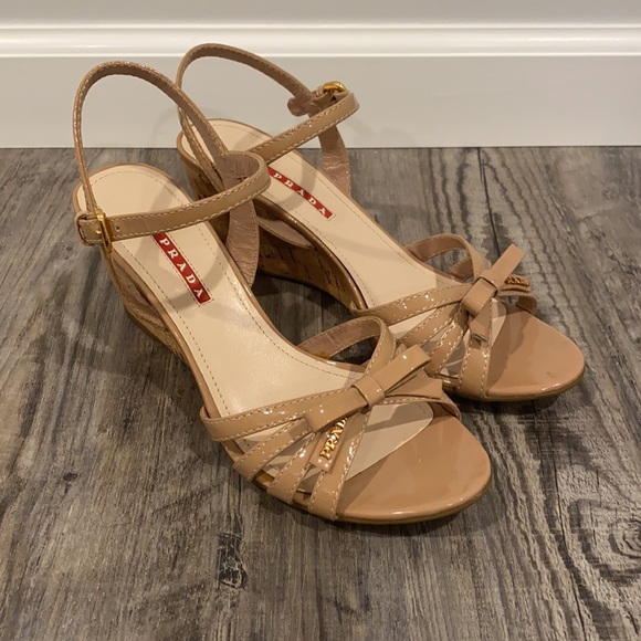 Prada Patent Leather Nude Sandals Wedges Shoes - Picture 2 of 15